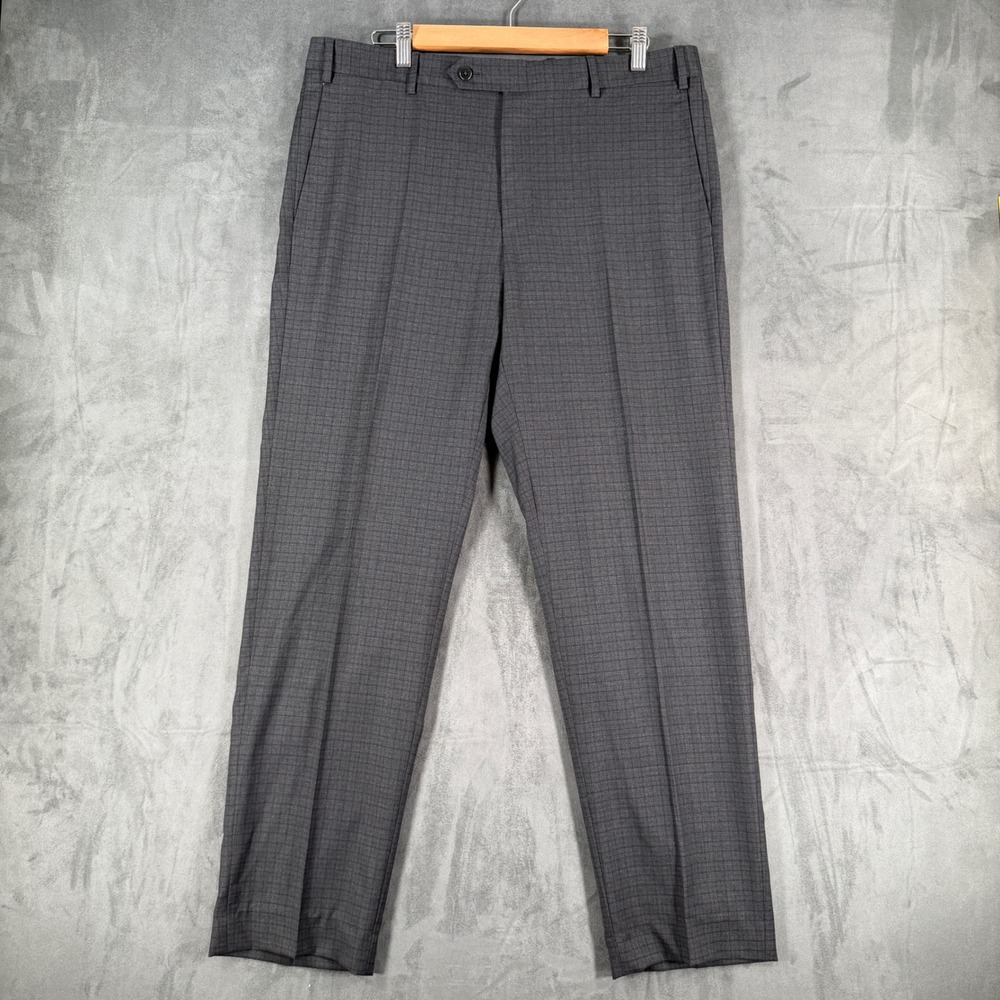 Zanella Mens 36x32 Grey Micro Check Flat Front Dress Wool Trousers Pants Italy
